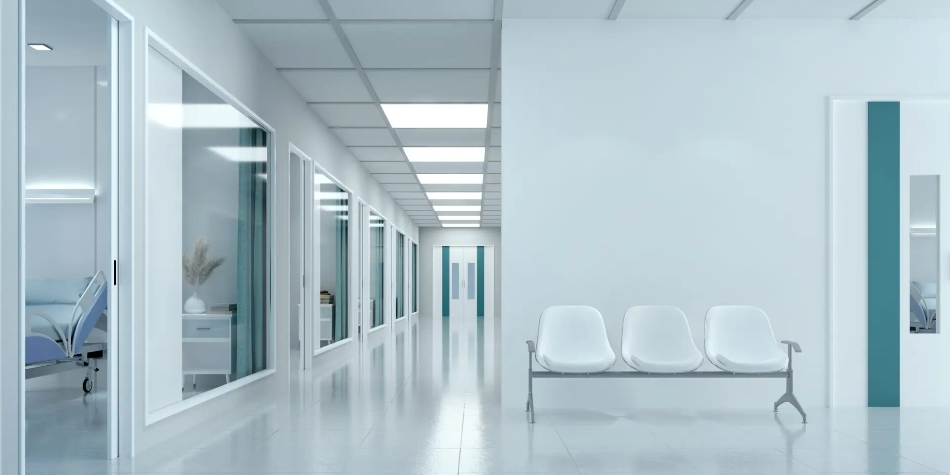 a white hallway with white chairs